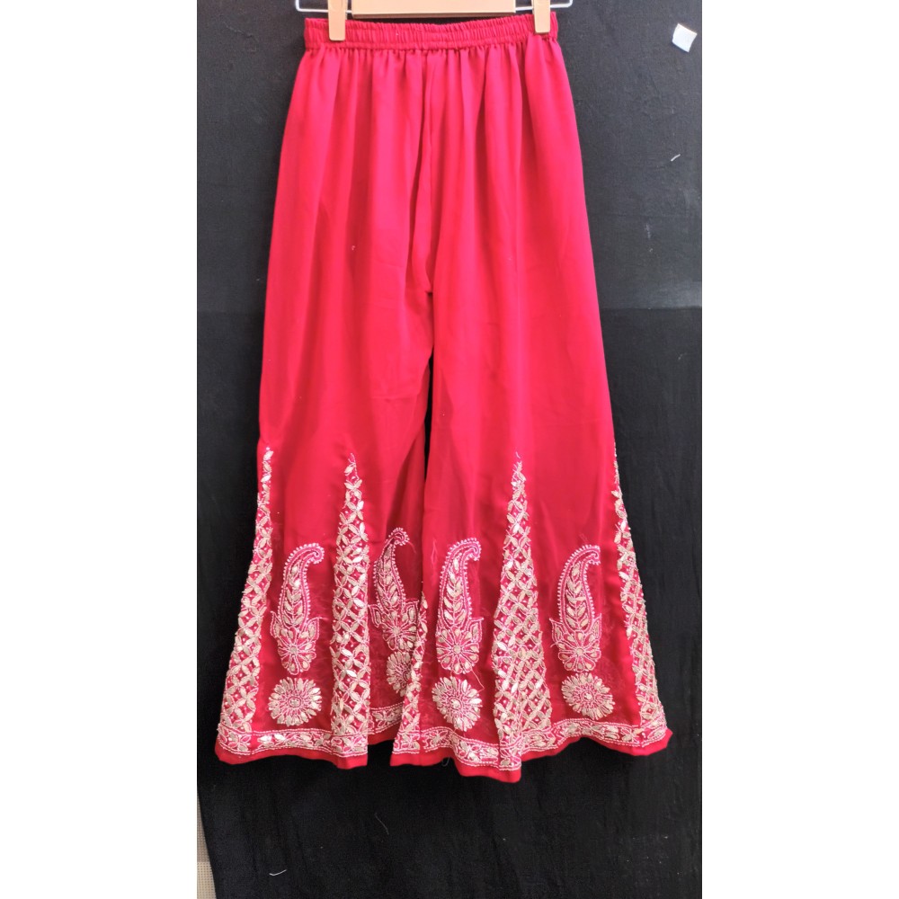 Hand Embroidered red Georgette Lucknowi Chikan Palazzo with white embroidery