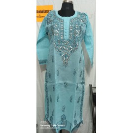 Shop chikankari cotton gala booti kurti with gota patti